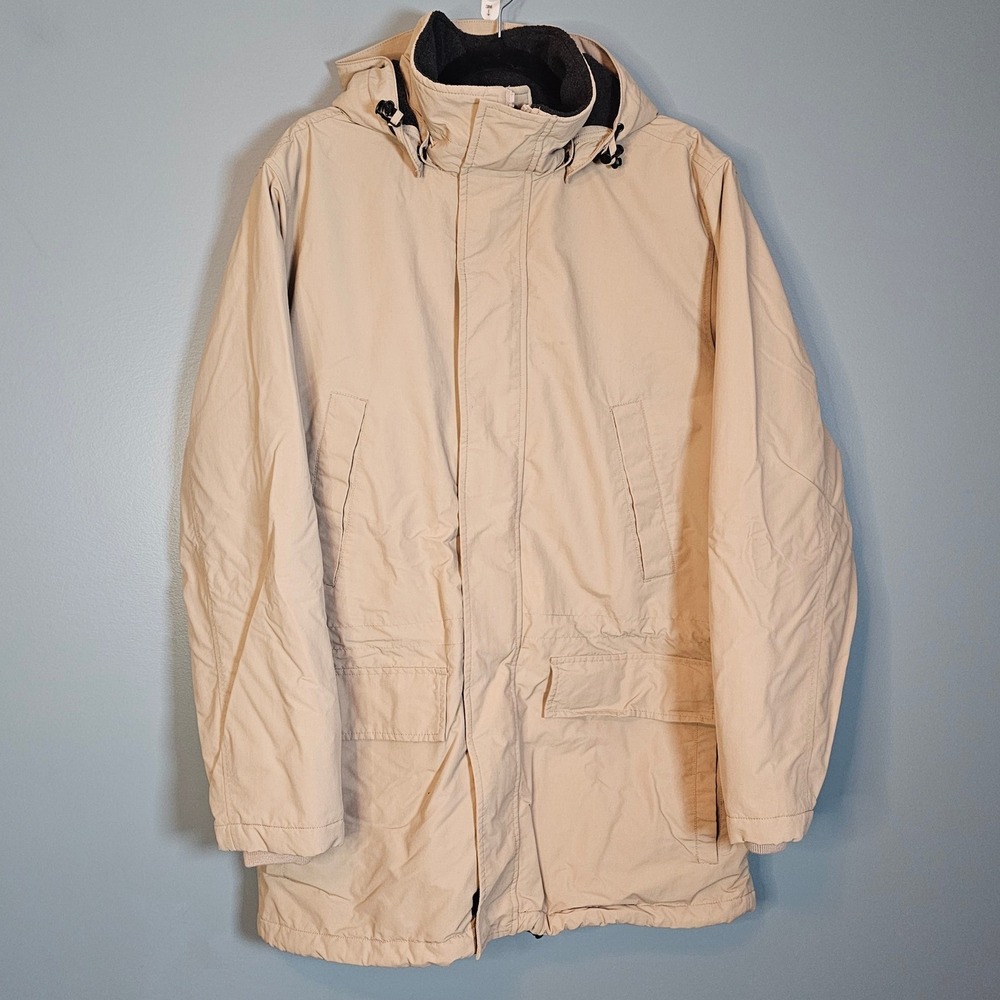 Lands End Mens Insulated Parka Jacket Tan Size M PolarTec Hooded Winter Warm